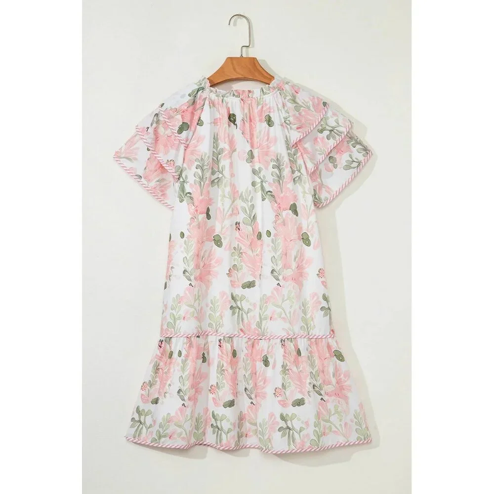 Pink Floral Contrast Edge Layered Short Sleeve Mini Dress Size XL - Picture 2 of 4